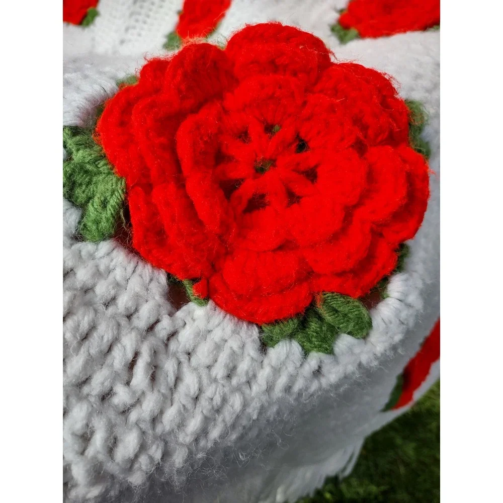 Handmade Crochet 3D Rose Granny Square Blanket 54x64 Afghan Throw
